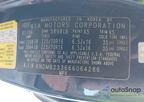 2006 Kia Sedona Ex/Lx z USA, uszkodzony, nr VIN KNDMB233666064286